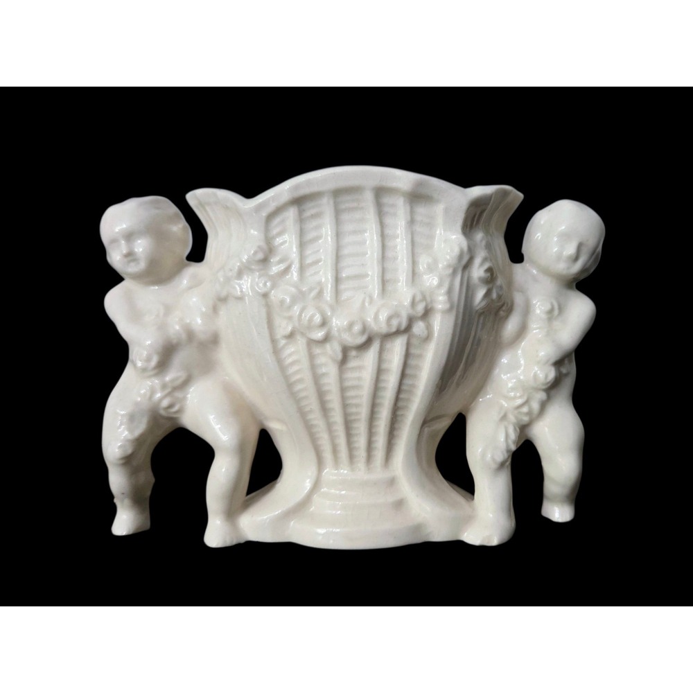 Vintage Cherubs Roses Floral Design Porcelain Candle Holder Vase Planter Japan